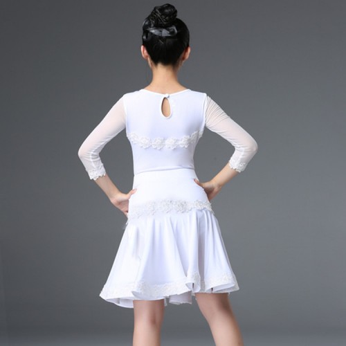 White colored girls latin dance dresses stage performance modern ballroom salsa rumb chacha dance leotard tops and skirts